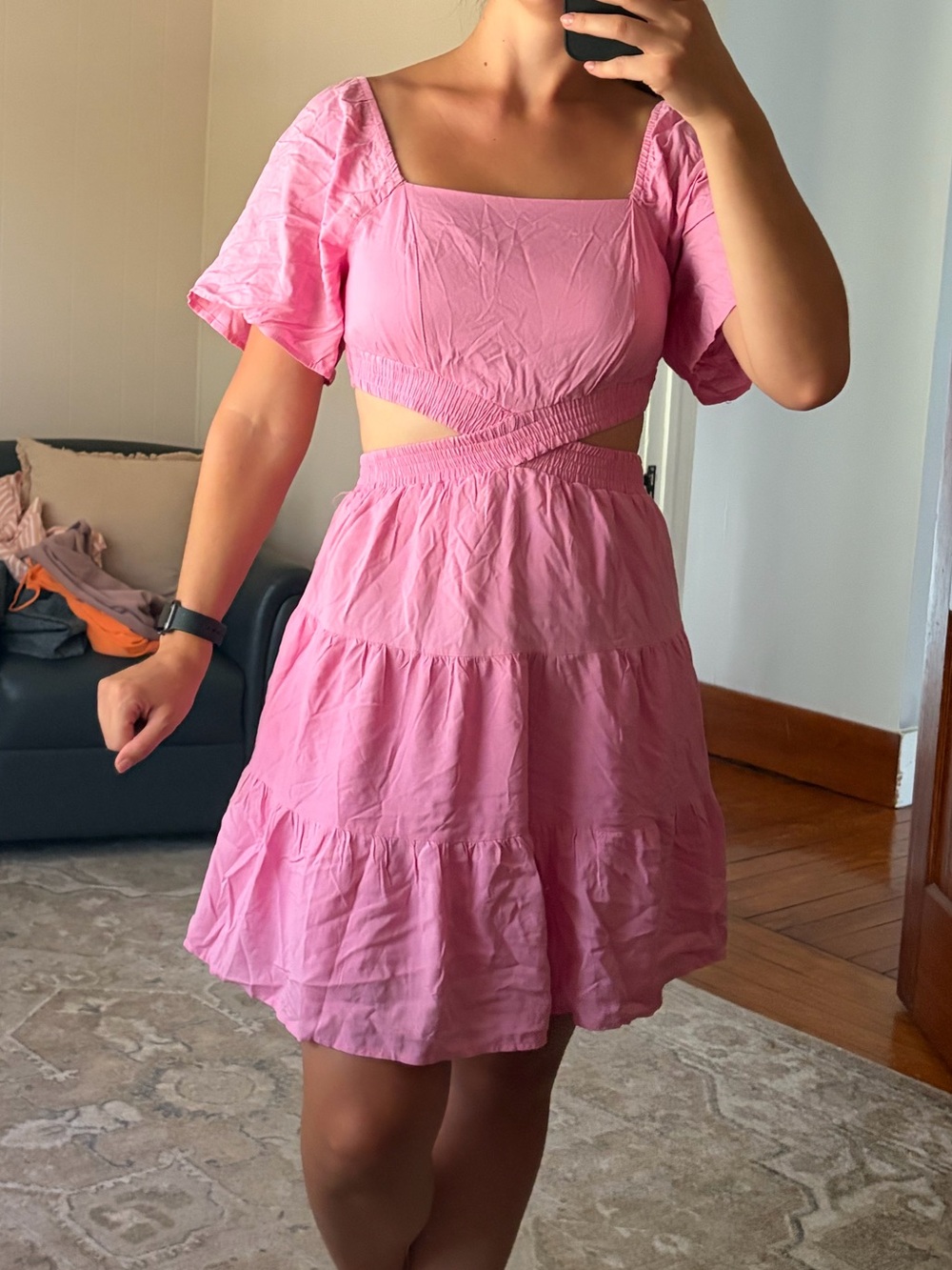 Pink Square Neck Cutout Tiered Mini Dress